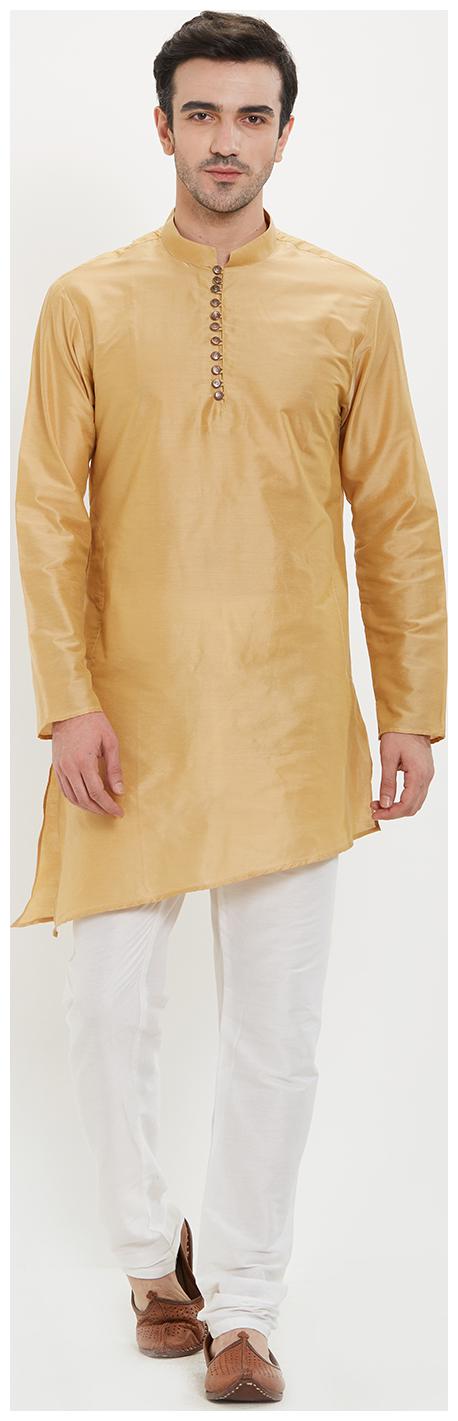 

irin Gold Poly Viscose Full Sleeves Solid Mandarin Kurta Churidar Set For Men