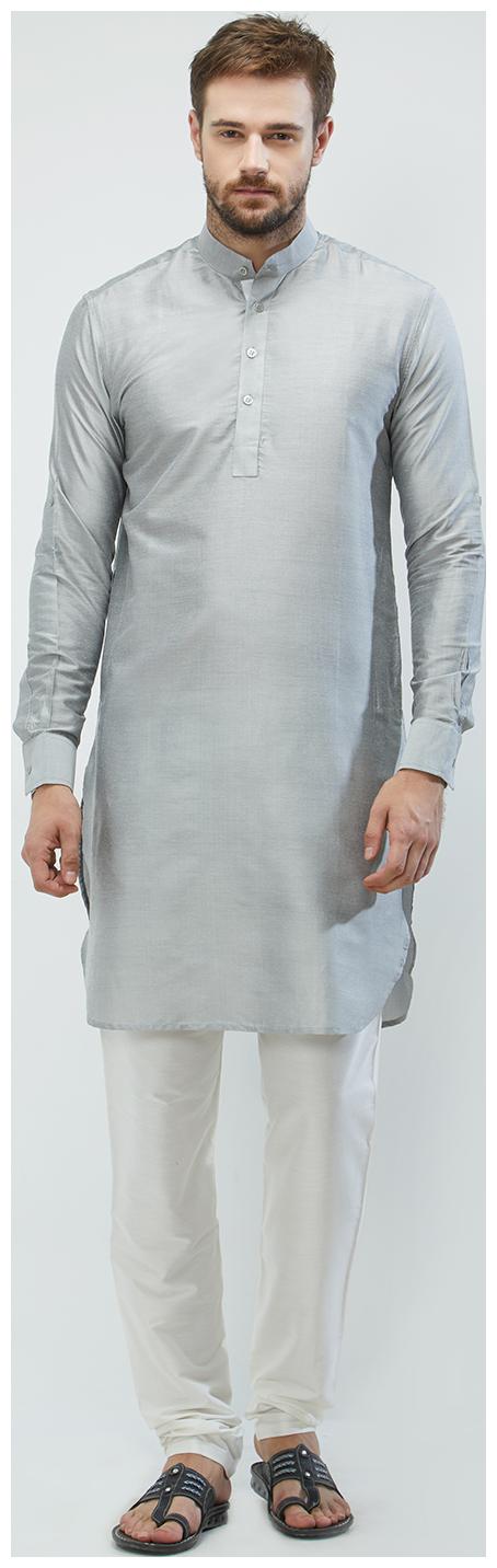 

irin Grey Poly Viscose Full Sleeves Solid Mandarin Kurta Churidar Set For Men