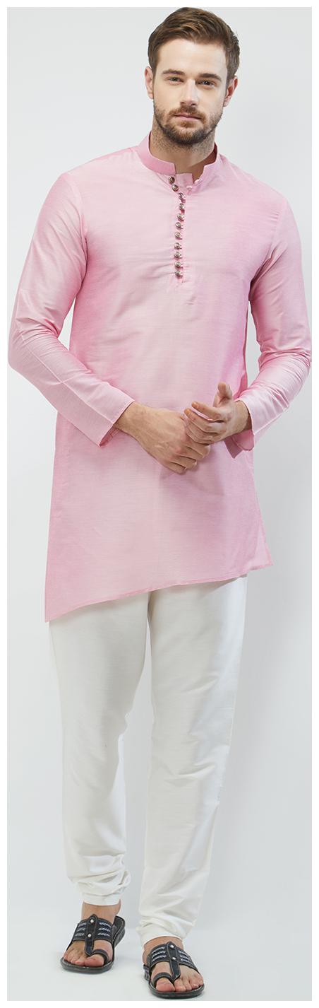 

irin Pink Poly Viscose Full Sleeves Solid Mandarin Kurta Churidar Set For Men