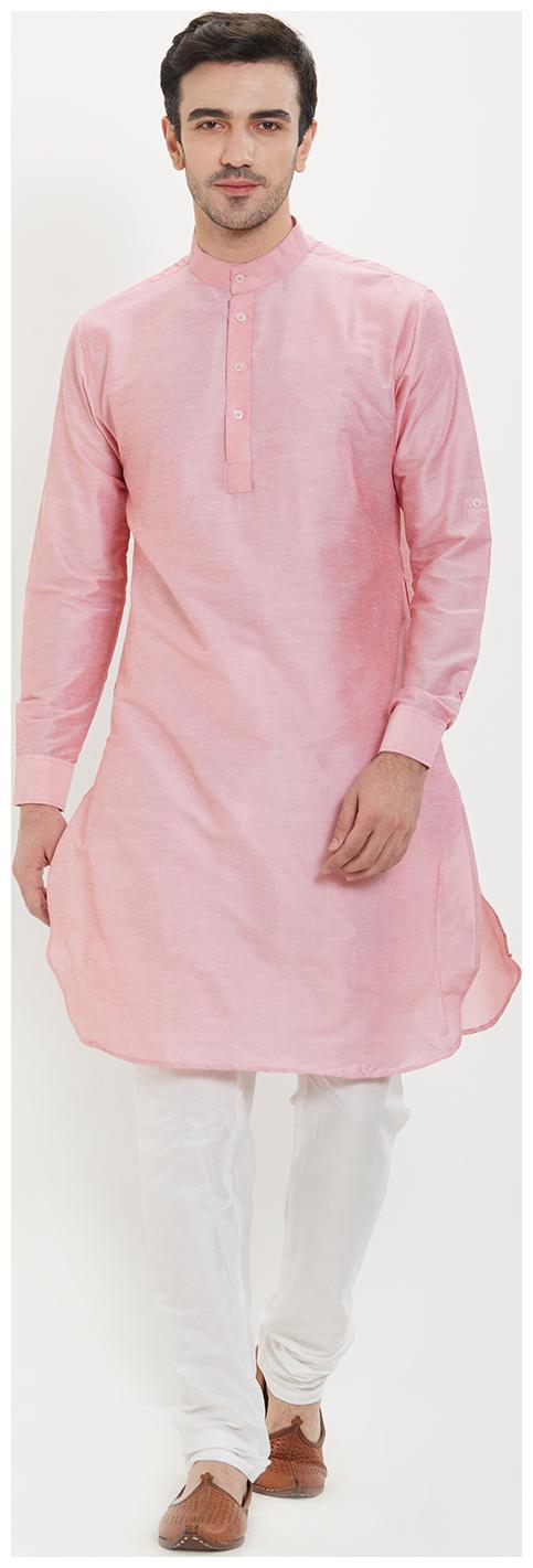 

irin Pink Poly Viscose Full Sleeves Solid Mandarin Kurta Churidar Set For Men
