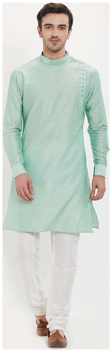 

irin Pista Green Poly Viscose Full Sleeves Solid Mandarin Kurta Churidar Set For Men