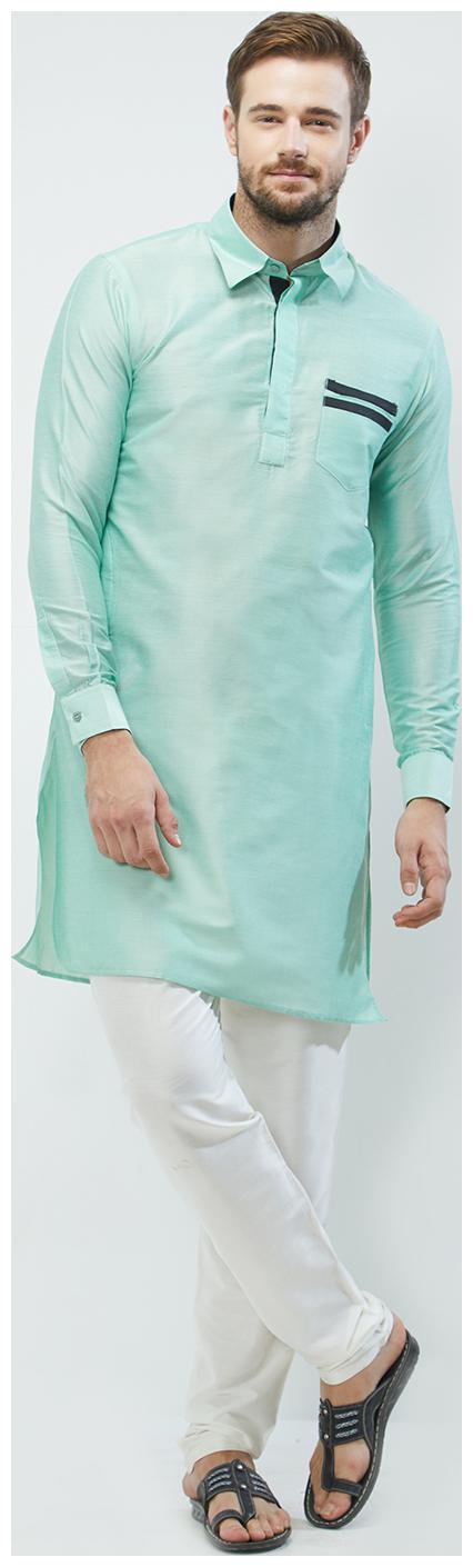 

irin Pista Green Poly Viscose Full Sleeves Solid Collar Pathani Set For Men