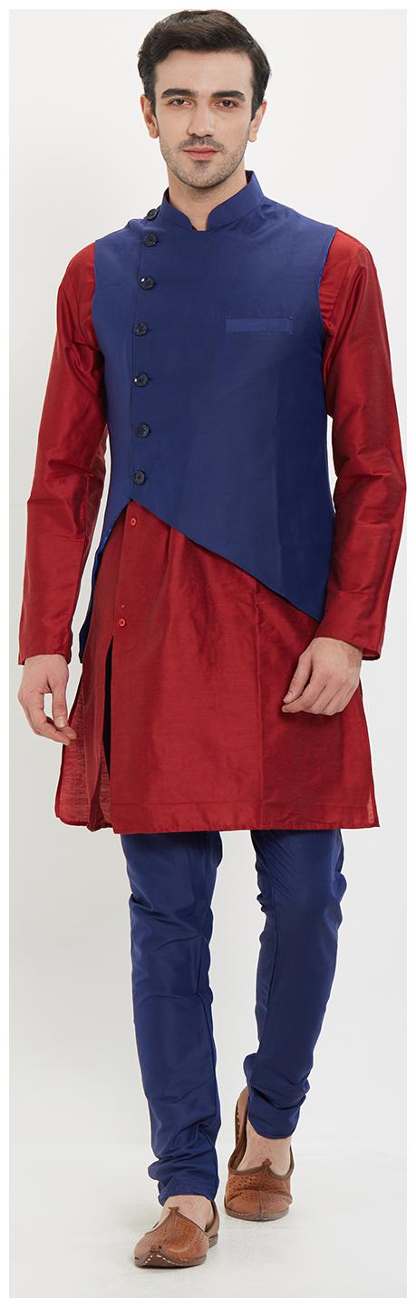 

irin Poly Viscose Ethnic Set Of Navy Blue Koti (Waistcoat) Maroon and Navy Blue Kurta Churidar For Men