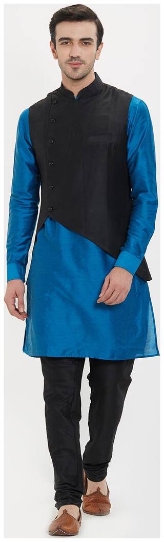 irin Poly Viscose Ethnic Set Of Black Koti (Waistcoat);Blue and Black Kurta Churidar For Men