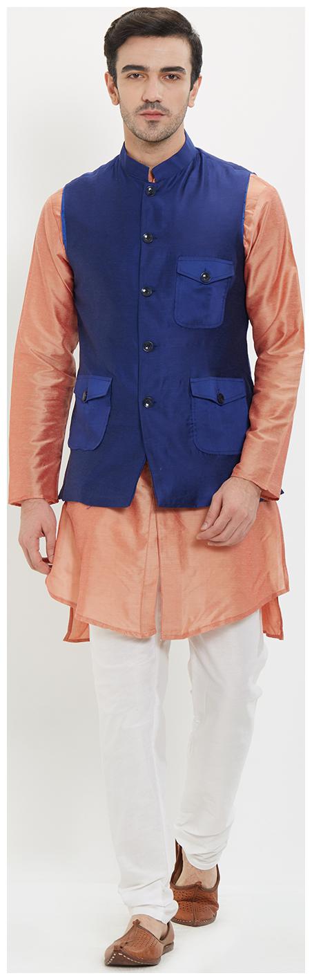

irin Poly Viscose Ethnic Set Of Royal Blue Koti (Waistcoat) Pink and White Kurta Churidar For Men