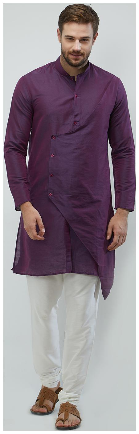

irin Purple Poly Viscose Full Sleeves Solid Mandarin Kurta Churidar Set For Men