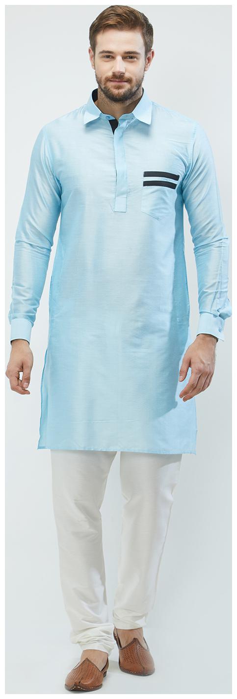 

irin Sky Blue Poly Viscose Full Sleeves Solid Collar Pathani Set For Men
