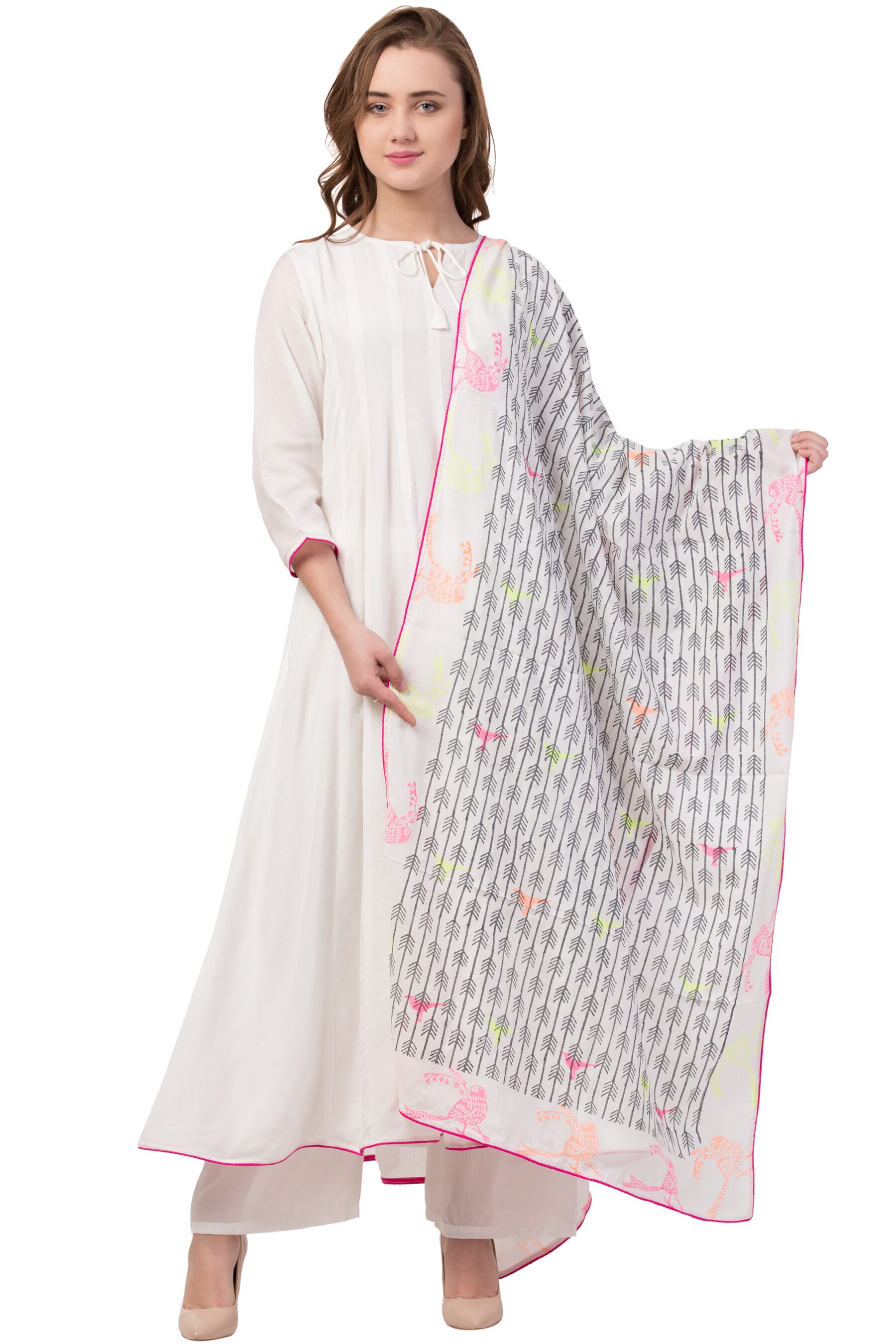

IRIS FASHIONS Women White Striped Anarkali Kurta With Palazzo And Dupatta
