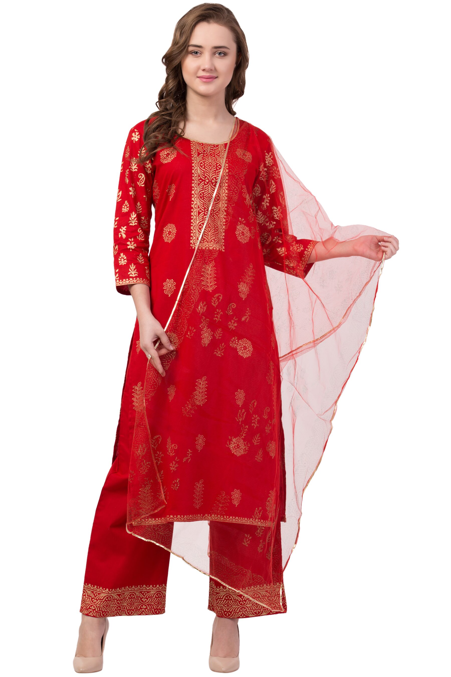 

IRIS FASHIONS Women Cotton Block Print Red Kurta With Palazzo With Dupatta