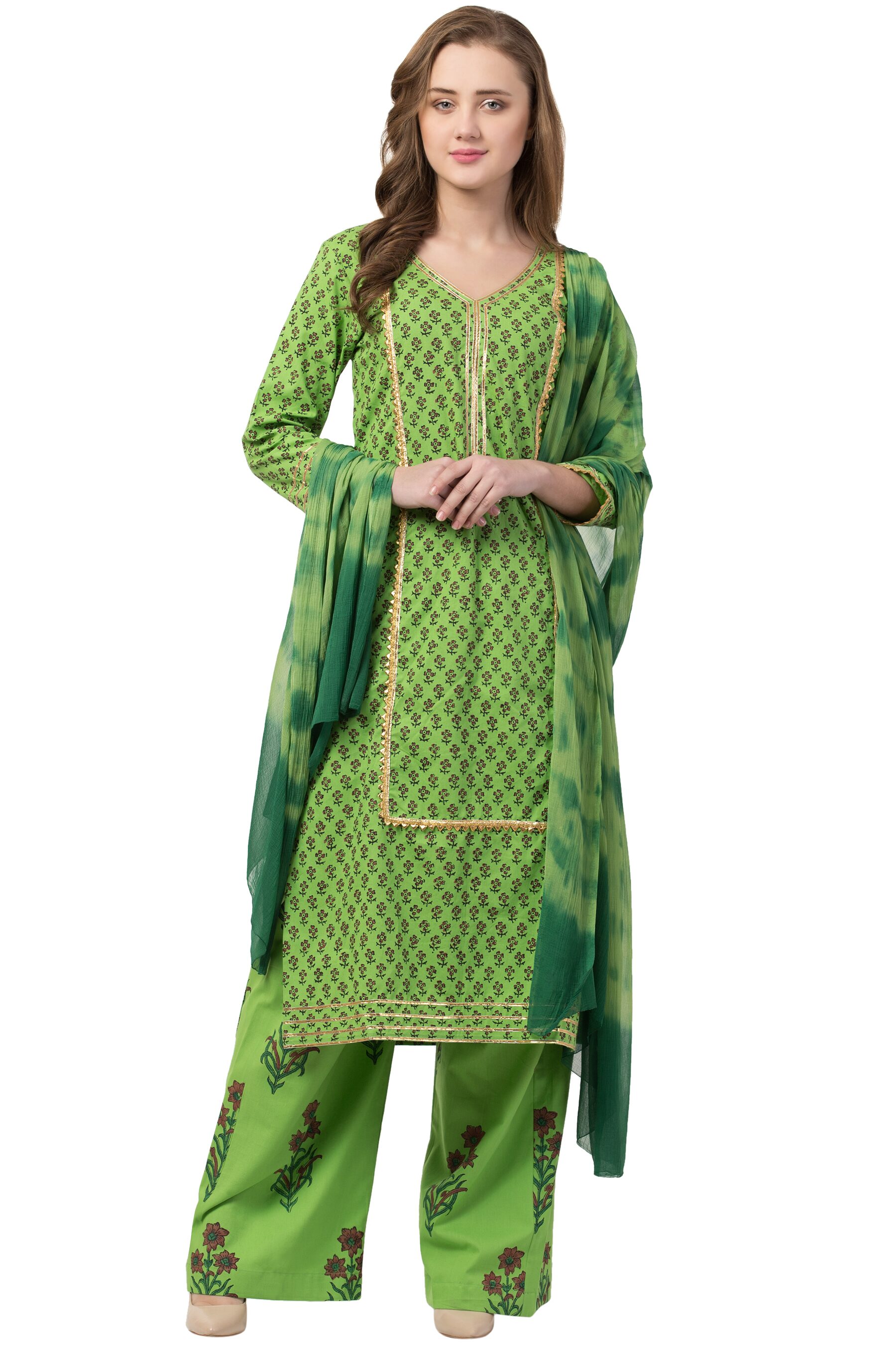 

IRIS FASHIONS Women Cotton Floral Green Kurta Palazzo With Dupatta