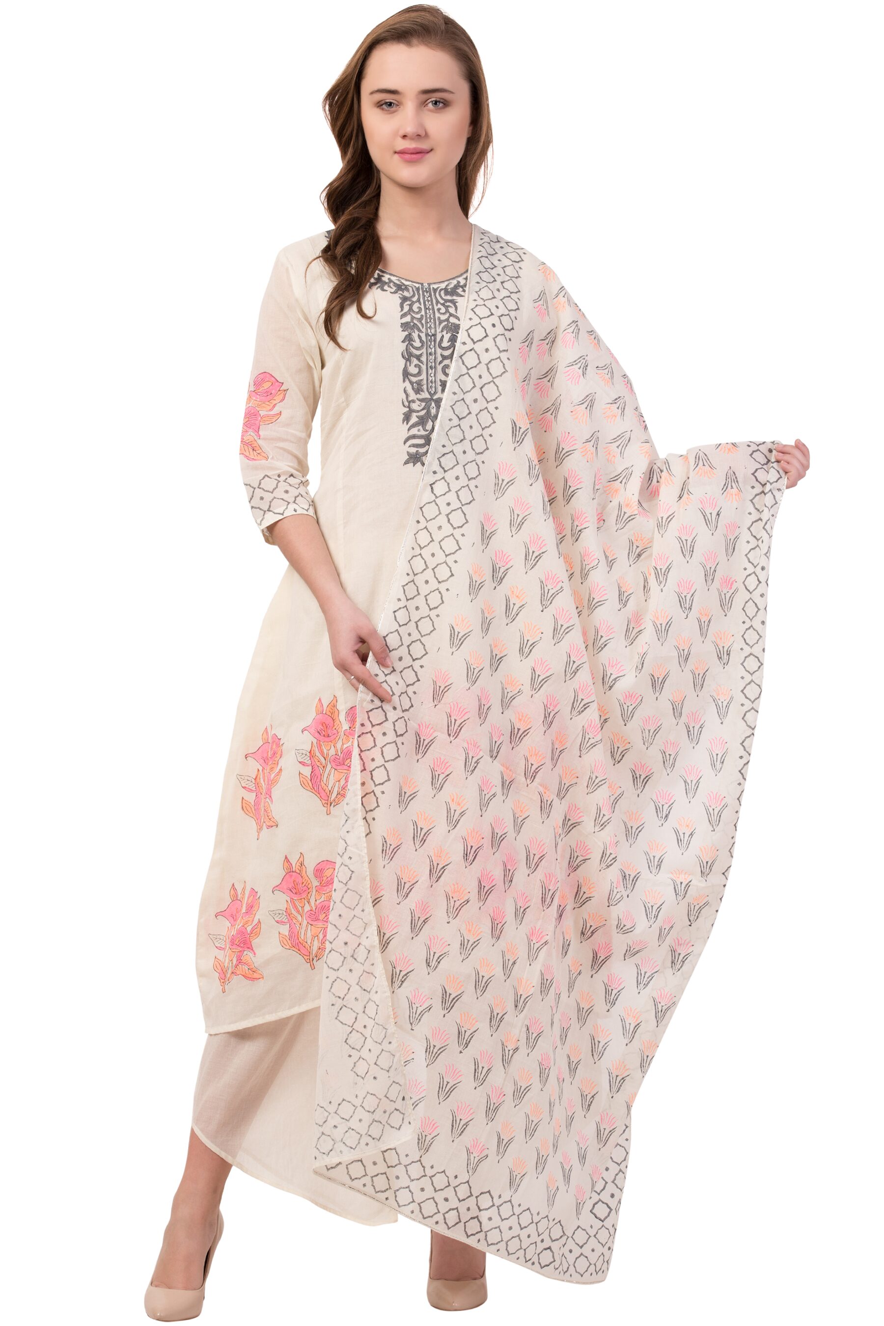 

IRIS FASHIONS Women Cotton Floral White Kurta With Palazzo With Dupatta