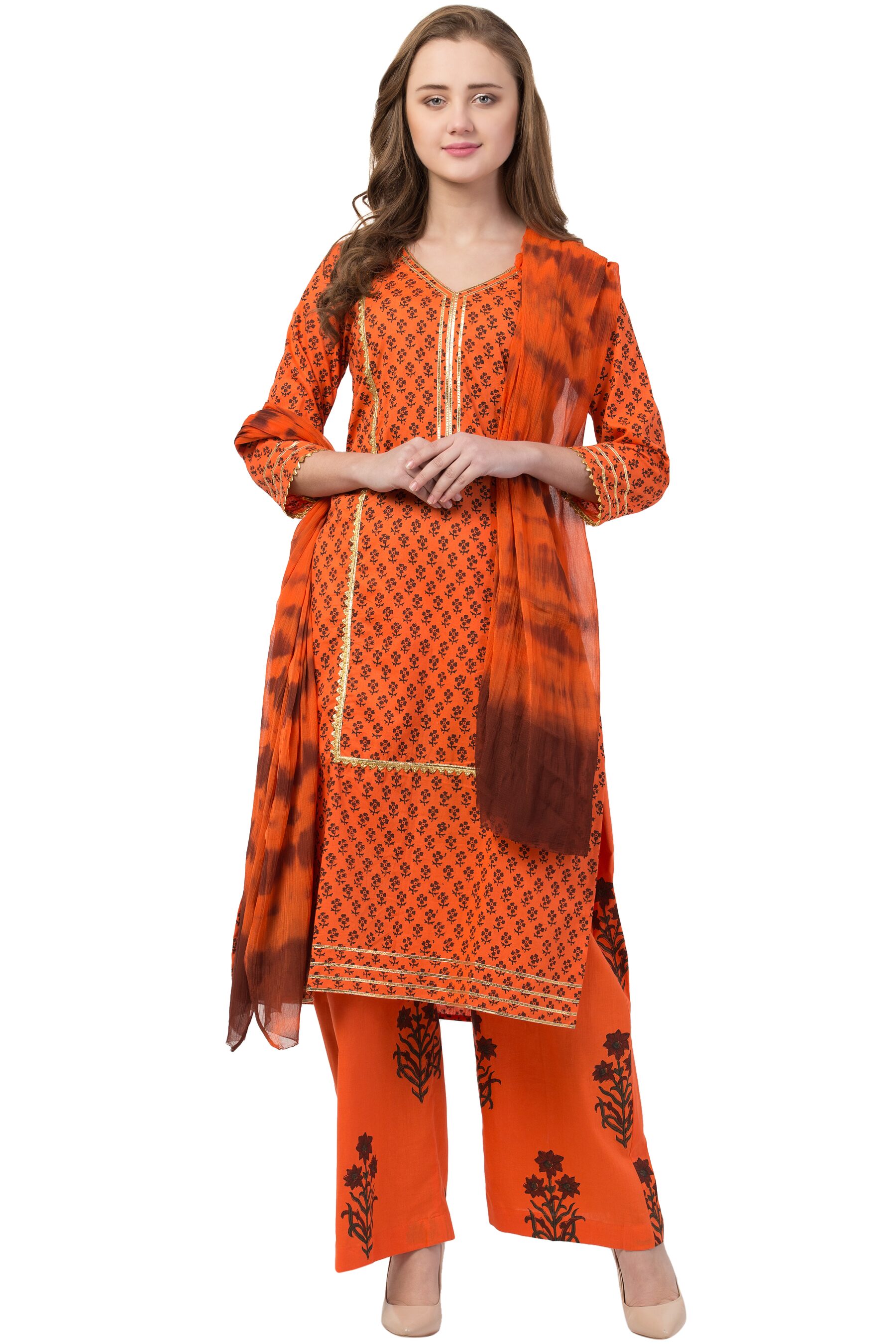 

IRIS FASHIONS Women Cotton Floral Orange Kurta Palazzo With Dupatta