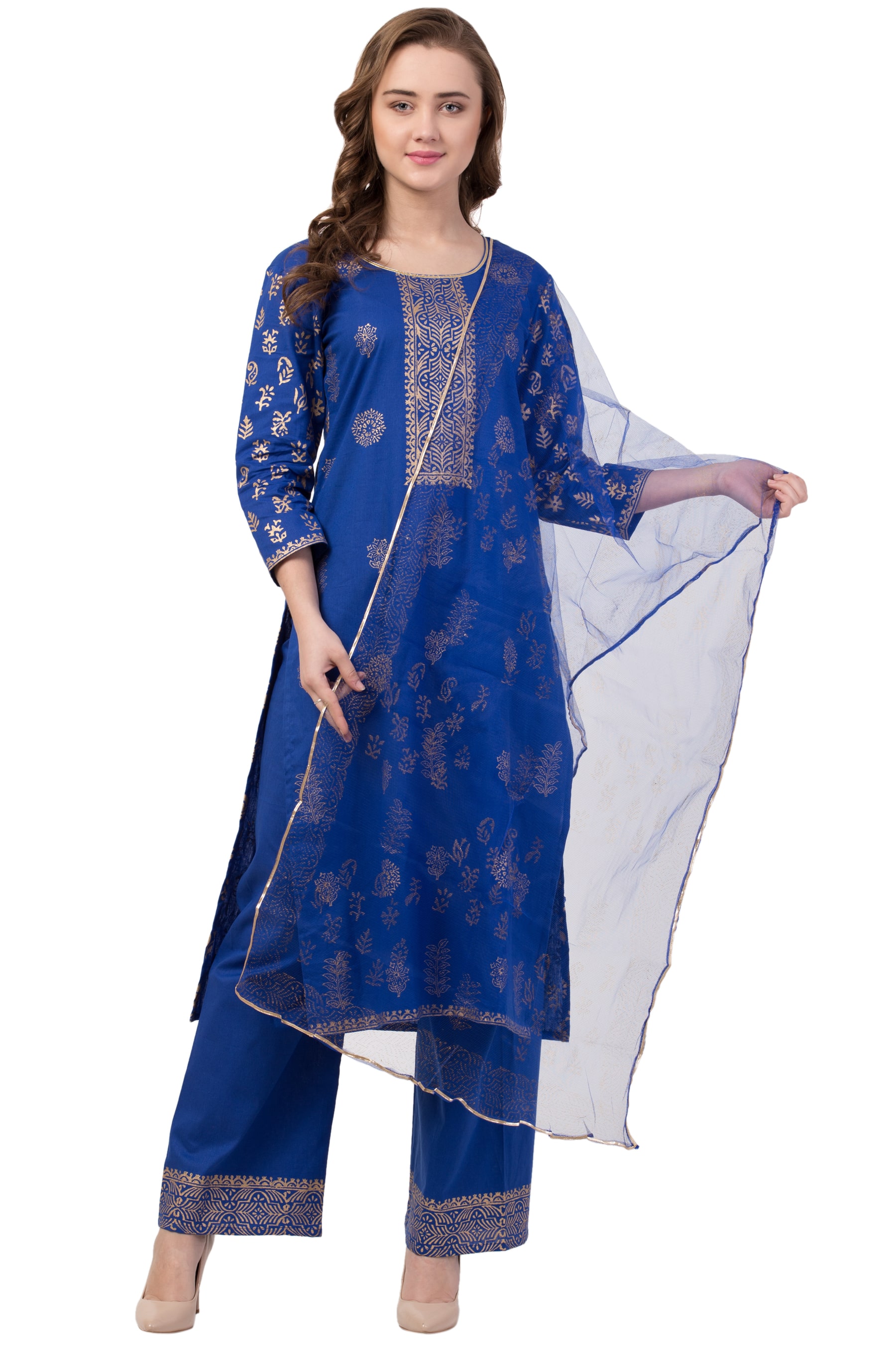 

IRIS FASHIONS Women Cotton Block Print Blue Kurta With Palazzo With Dupatta