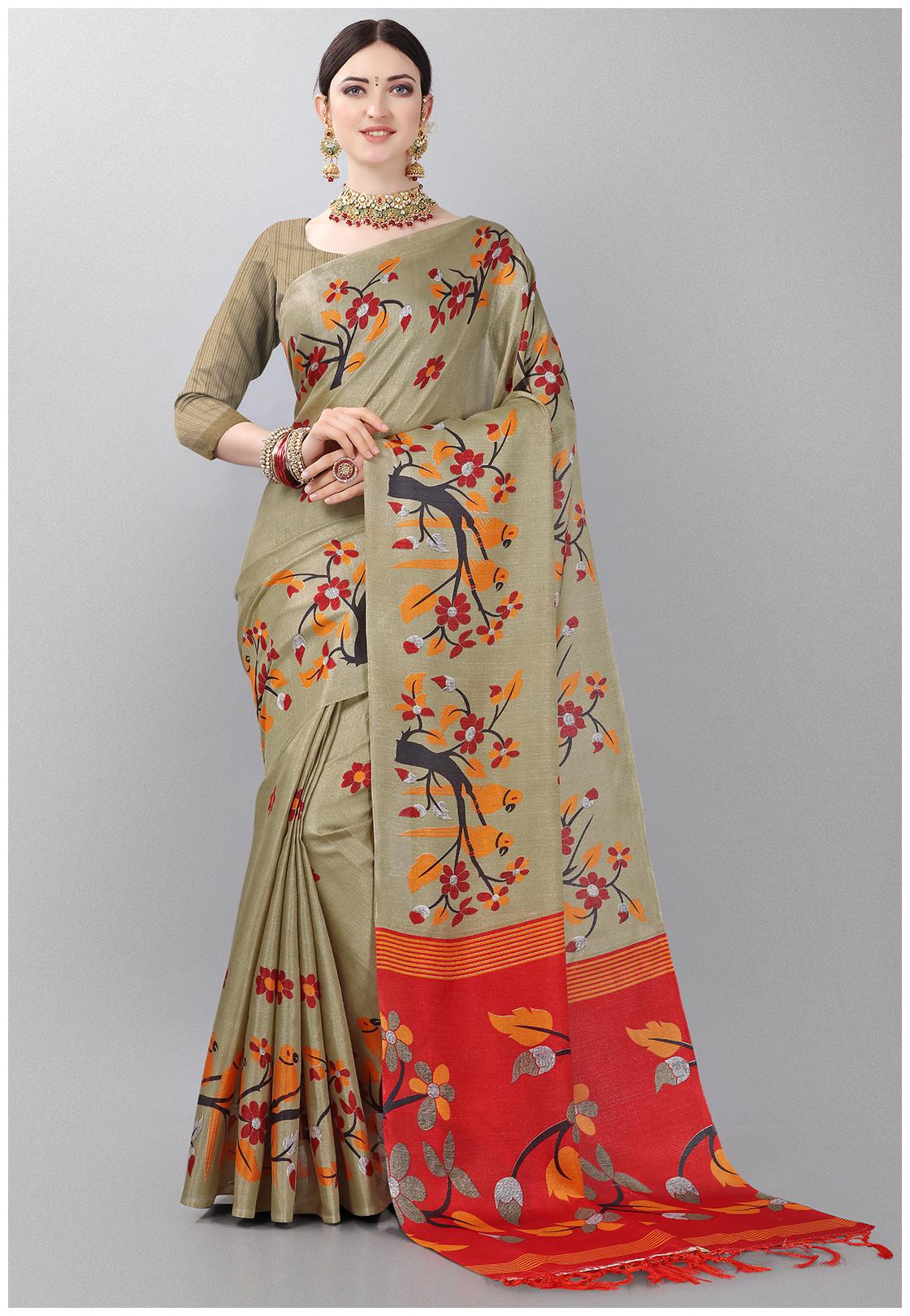 

Ishin Artificial Silk Daily Wear Regular Saree Beige