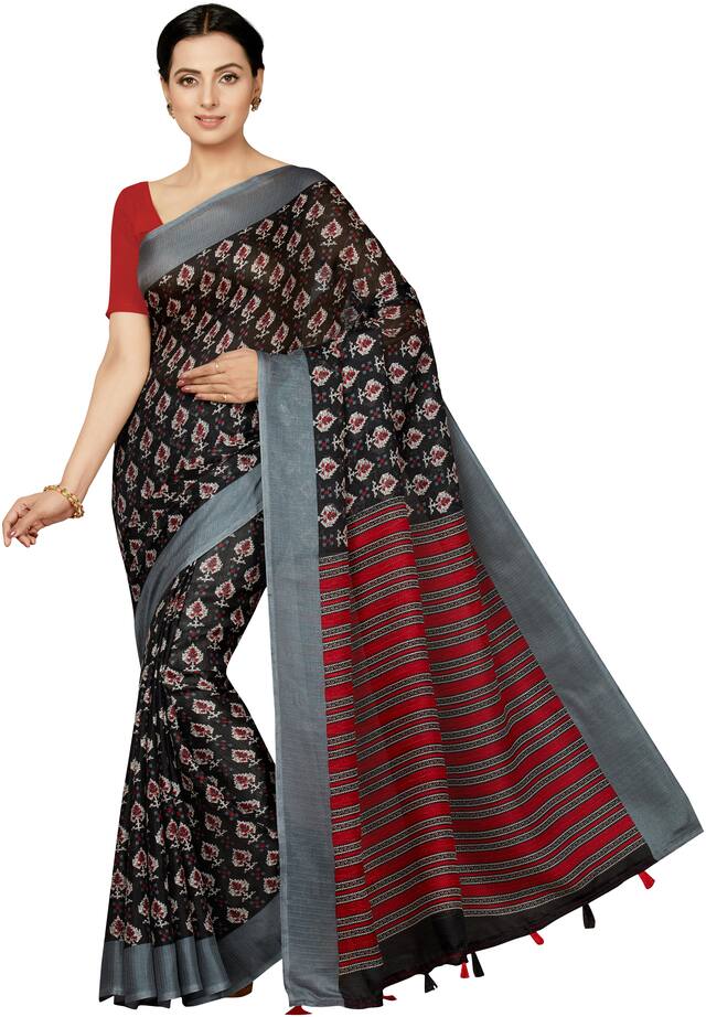 Ishin Blended Black Printed Women Saree With Tassels