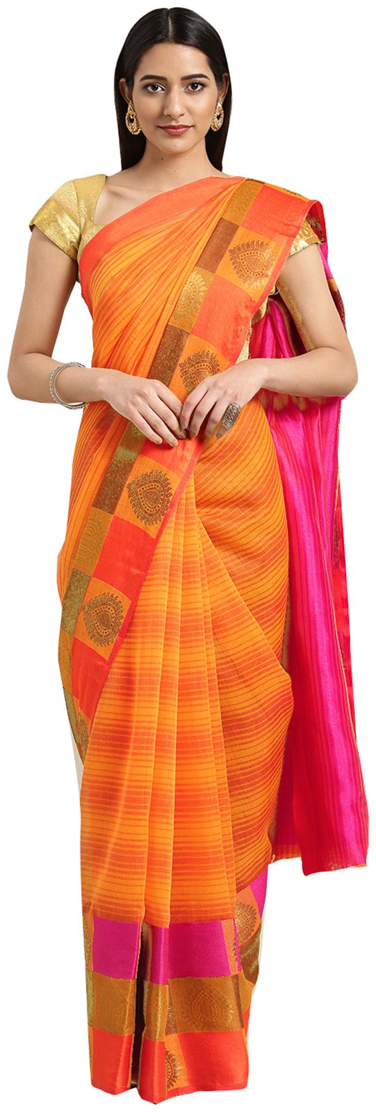 

Ishin Mustard Striped Chanderi Designer Saree With Blouse With blouse