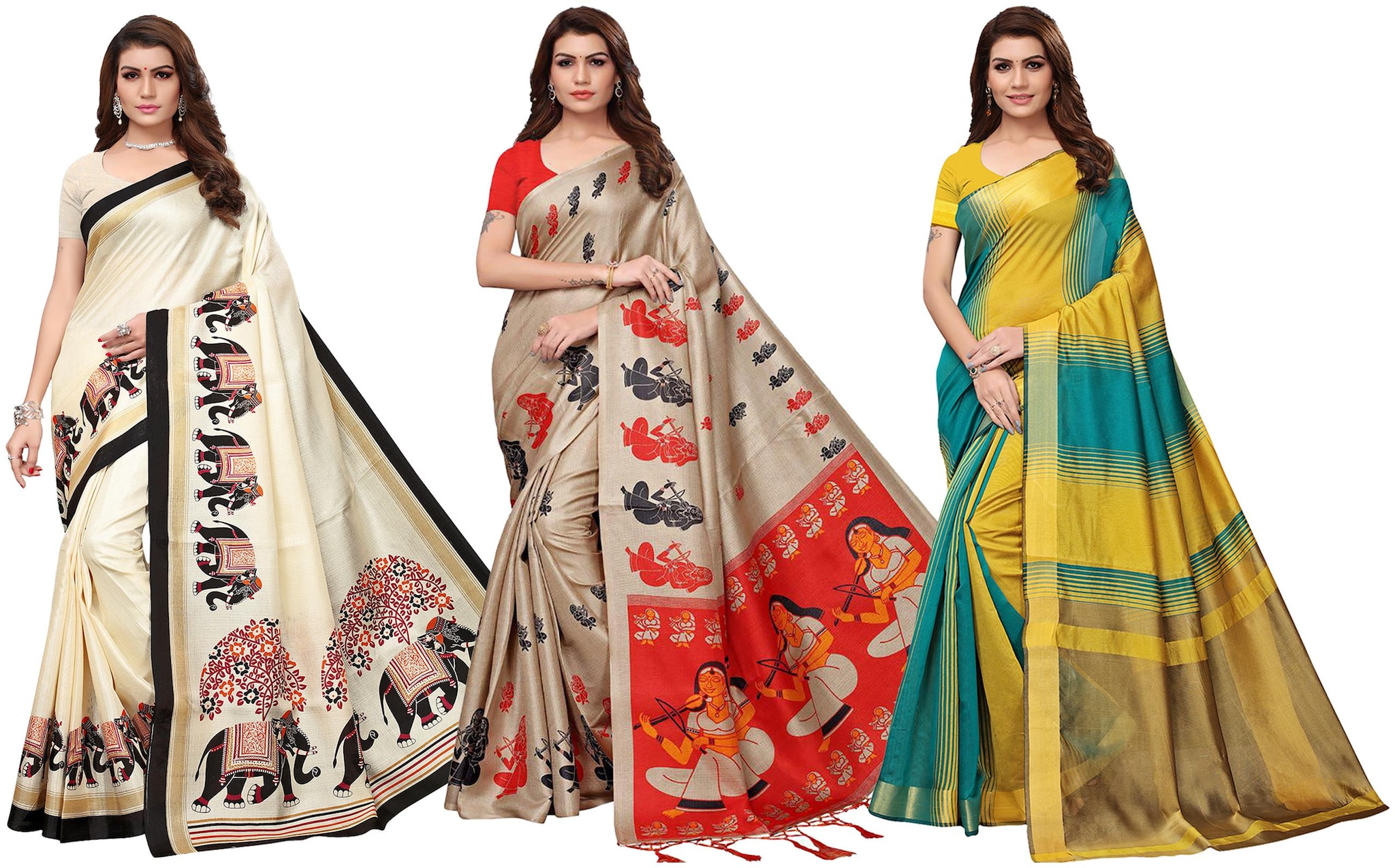 

Ishin Combo Of 3 Poly Silk Multicolor Printed Women Saree