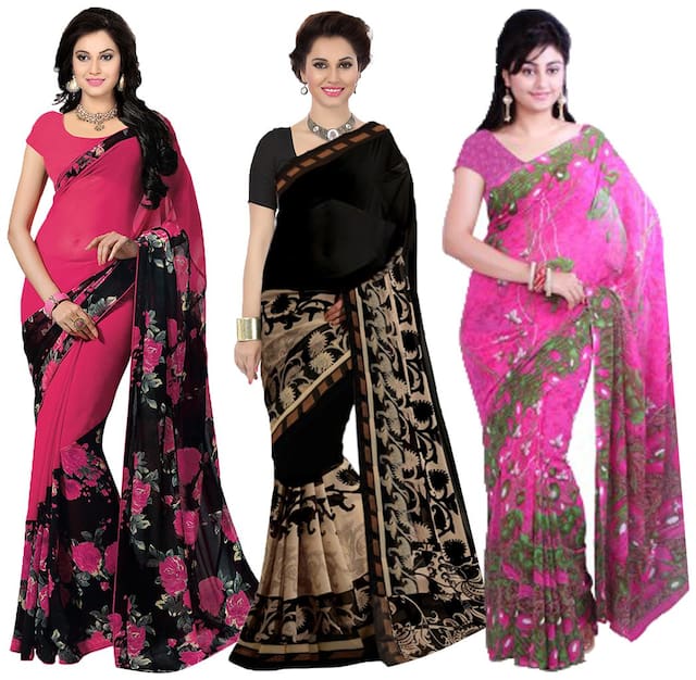Ishin Combo of 3 Faux Georgette Multicolor Printed Women's Saree/Sari