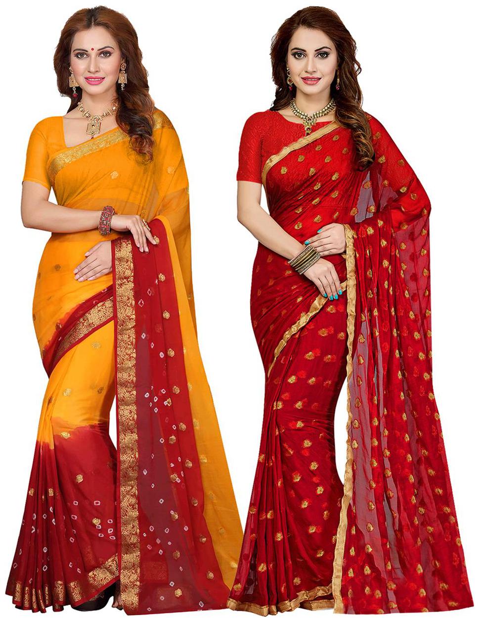 

Ishin Combo of 2 Chiffon Multicolor Tie and Dye and Other Zari Woven With Golden Butti Printed Party Wear Bollywood New Collection Women s Saree