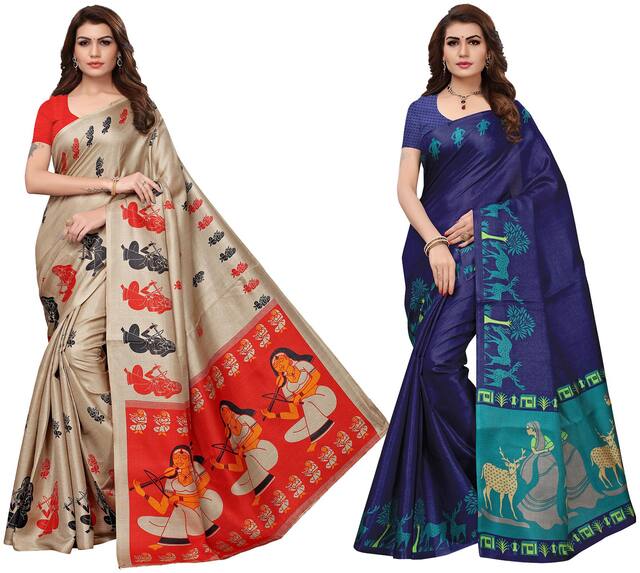 Ishin Combo Of 2 Poly Silk Multicolor Printed Women Saree