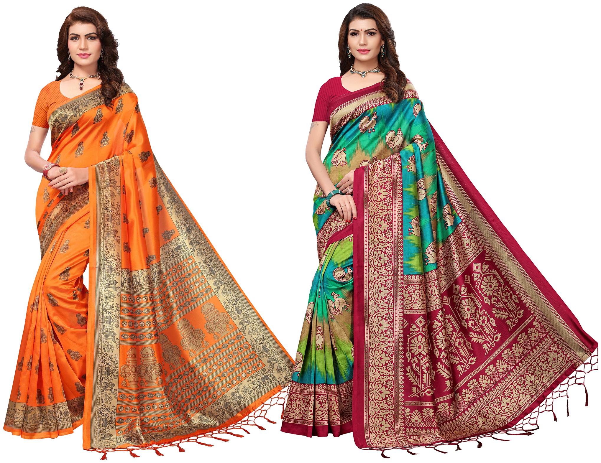 

Ishin Combo Of 2 Poly Silk Multicolor Printed Women Saree With Tassels