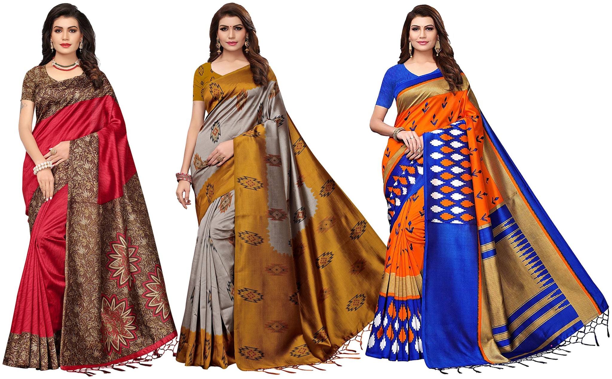 

Ishin Combo Of 3 Poly Silk Multicolor Printed Women Saree With Tassels
