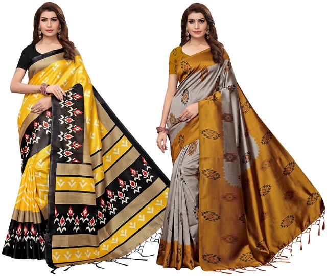 Ishin Combo Of 2 Poly Silk Multicolor Printed Women Saree With Tassels