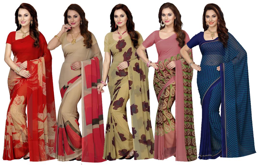 

Ishin Combo of 5 Faux Georgette Multicolor Printed Women s Saree Sari