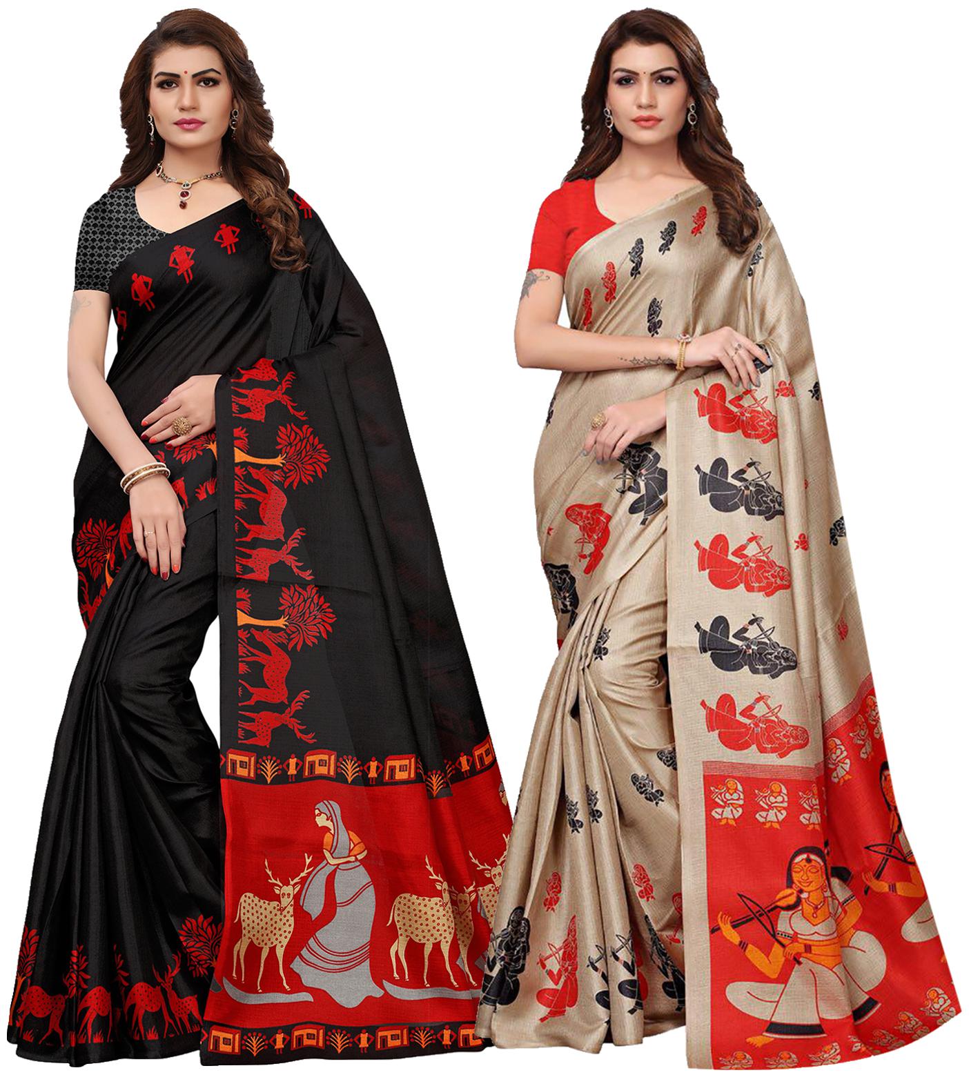 

Ishin Combo Of 2 Poly Silk Multicolor Printed Women Saree