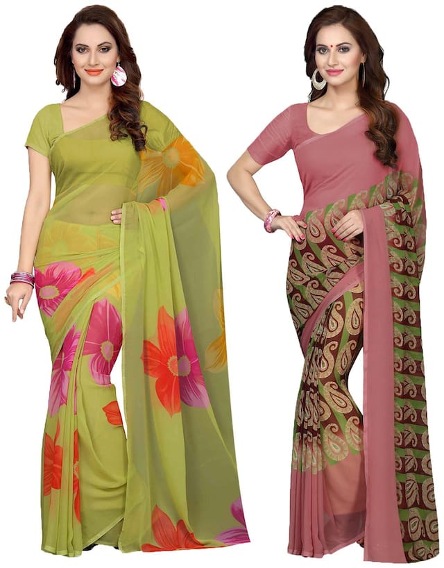 Ishin Combo of 2 Faux Georgette Multicolor Printed Women's Saree/Sari