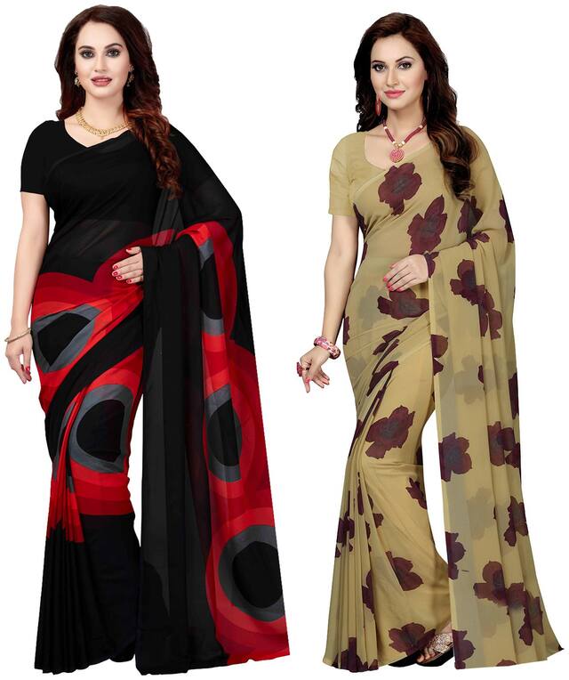 Ishin Combo of 2 Poly Georgette Multicolor Printed Women's Saree