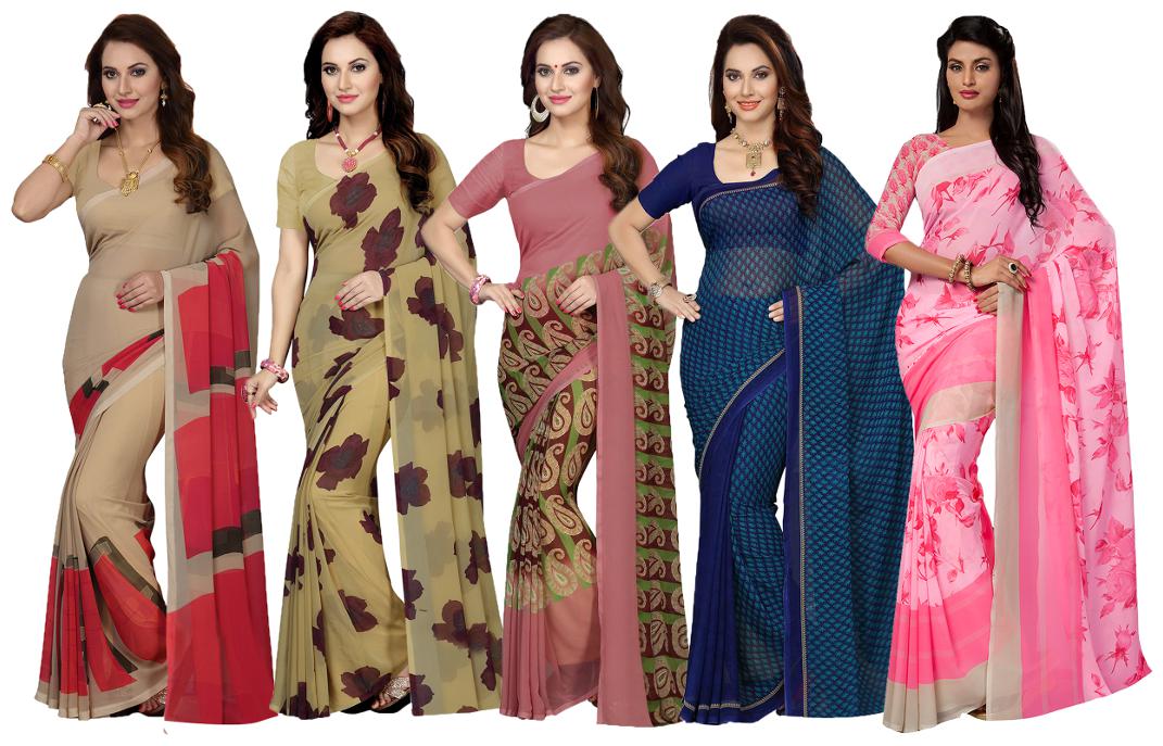 

Ishin Combo of 5 Faux Georgette Multicolor Printed Women s Saree Sari