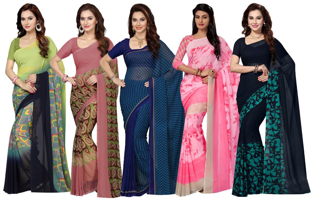 

Ishin Combo of 5 Faux Georgette Multicolor Printed Women s Saree Sari