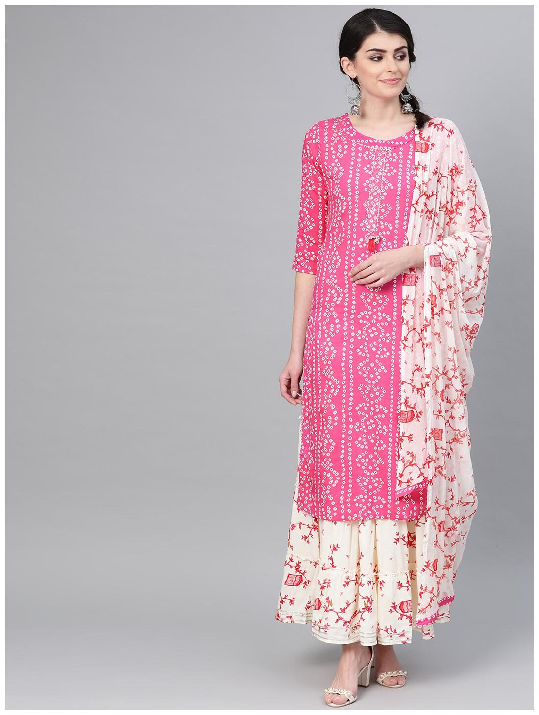

Ishin Cotton Pink Bandhani Kurta Skirt For Women