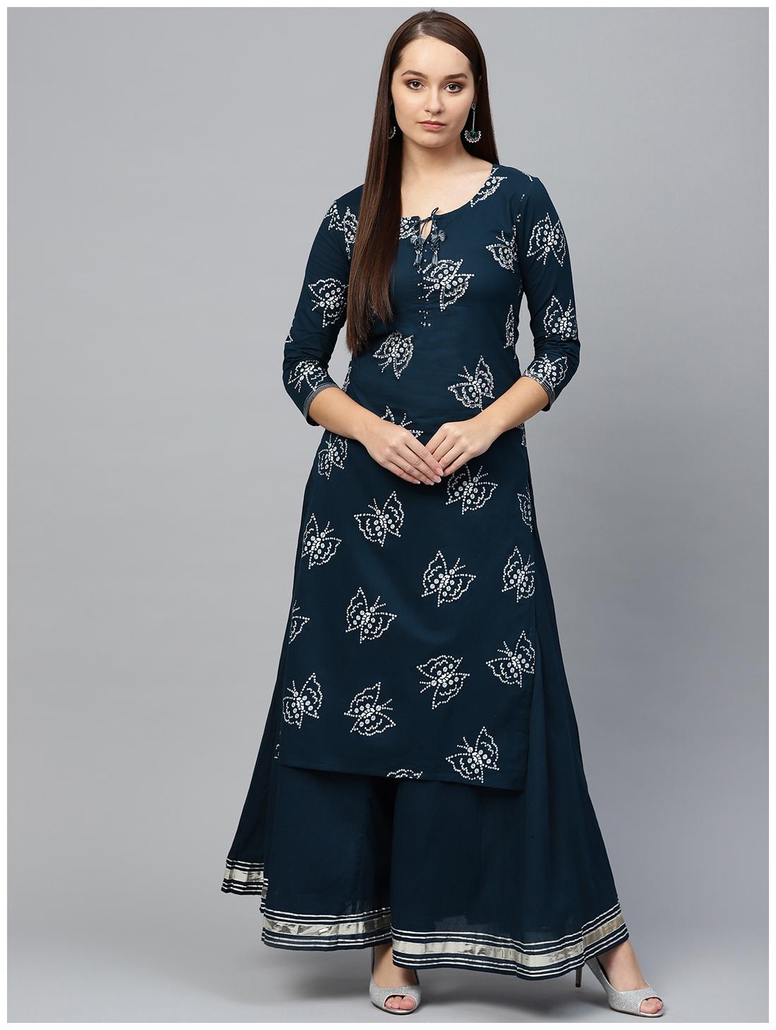 

Ishin Cotton Navy Blue Embroidered Kurta Sharara For Women