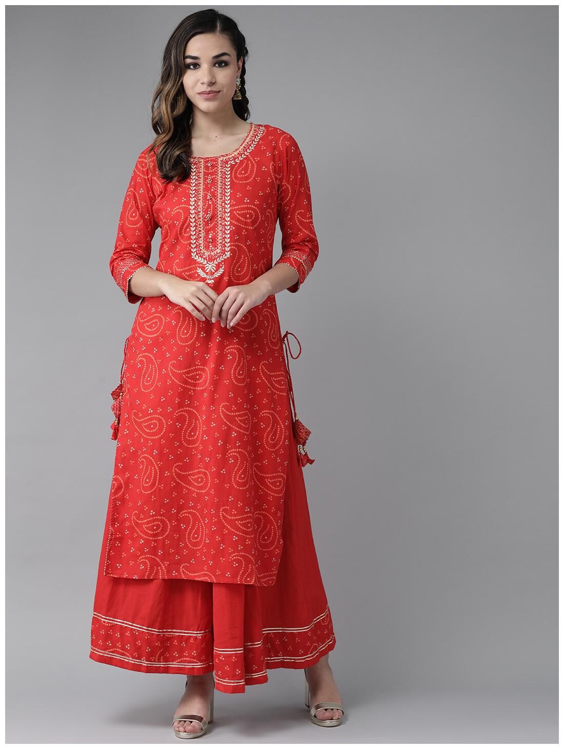 

Ishin Cotton Red Embroidered Kurta Sharara For Women