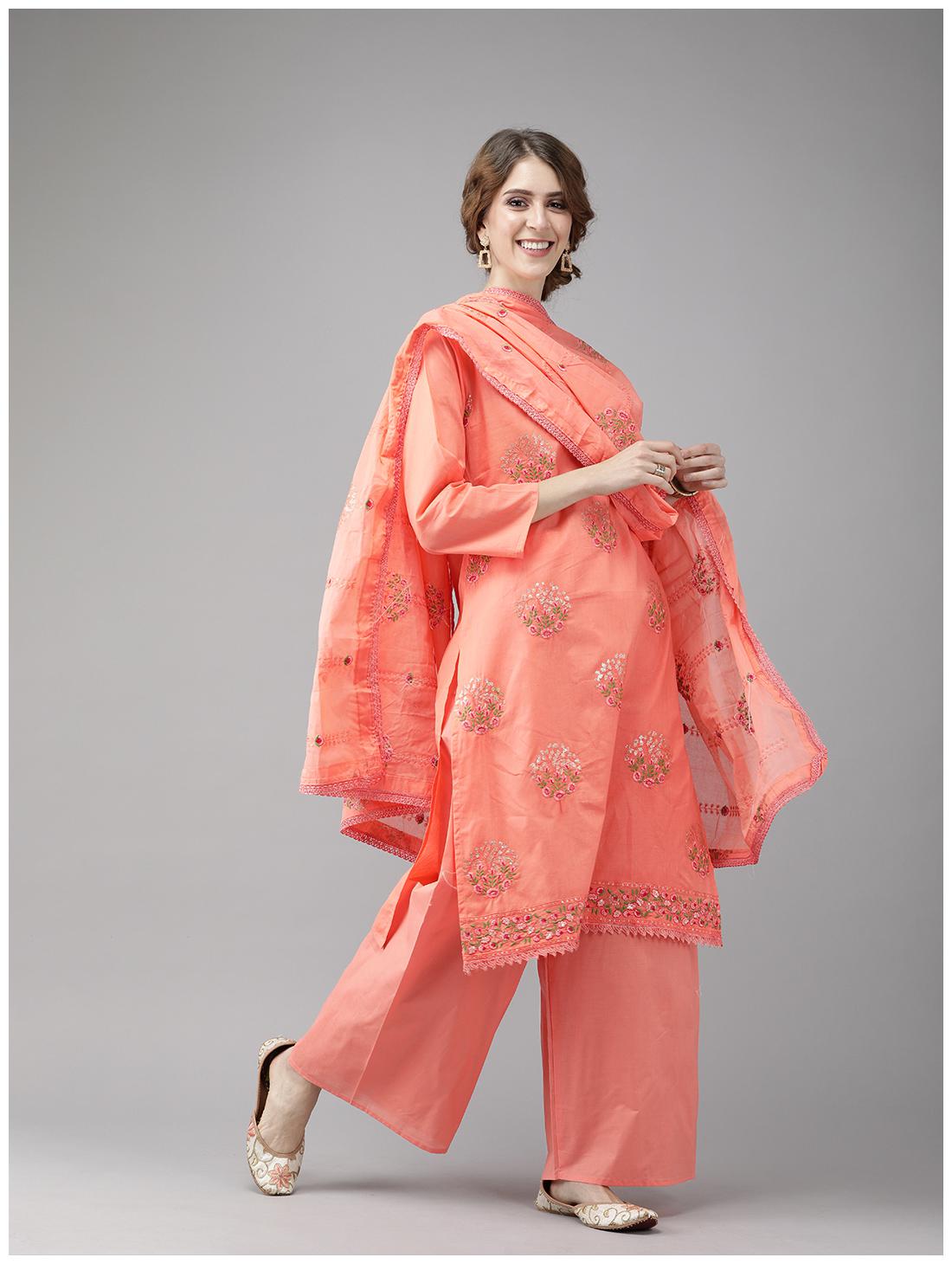 

Ishin Cotton Peach Embroidered Kurta Palazzo For Women