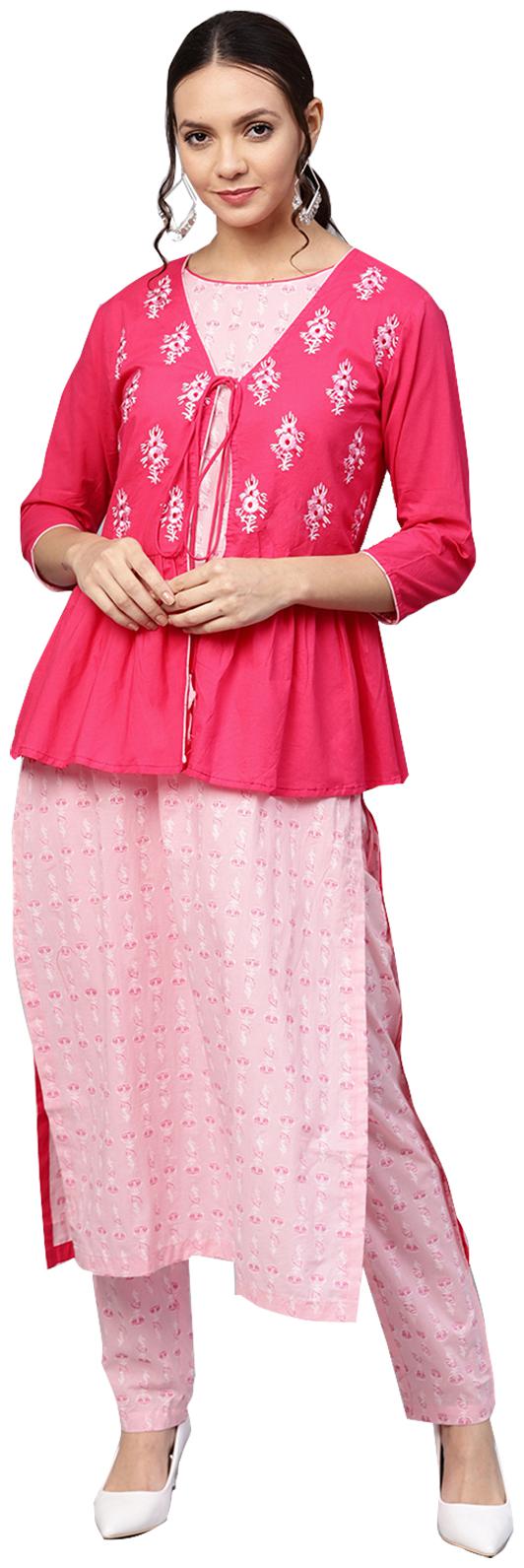 

Ishin Cotton Floral Pink Jacket Kurta Set