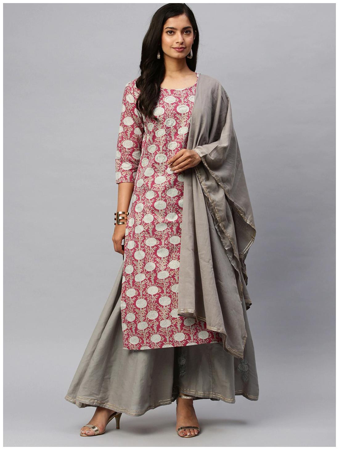 

Ishin Women Red Printed Straight Kurta With Sharara And Dupatta