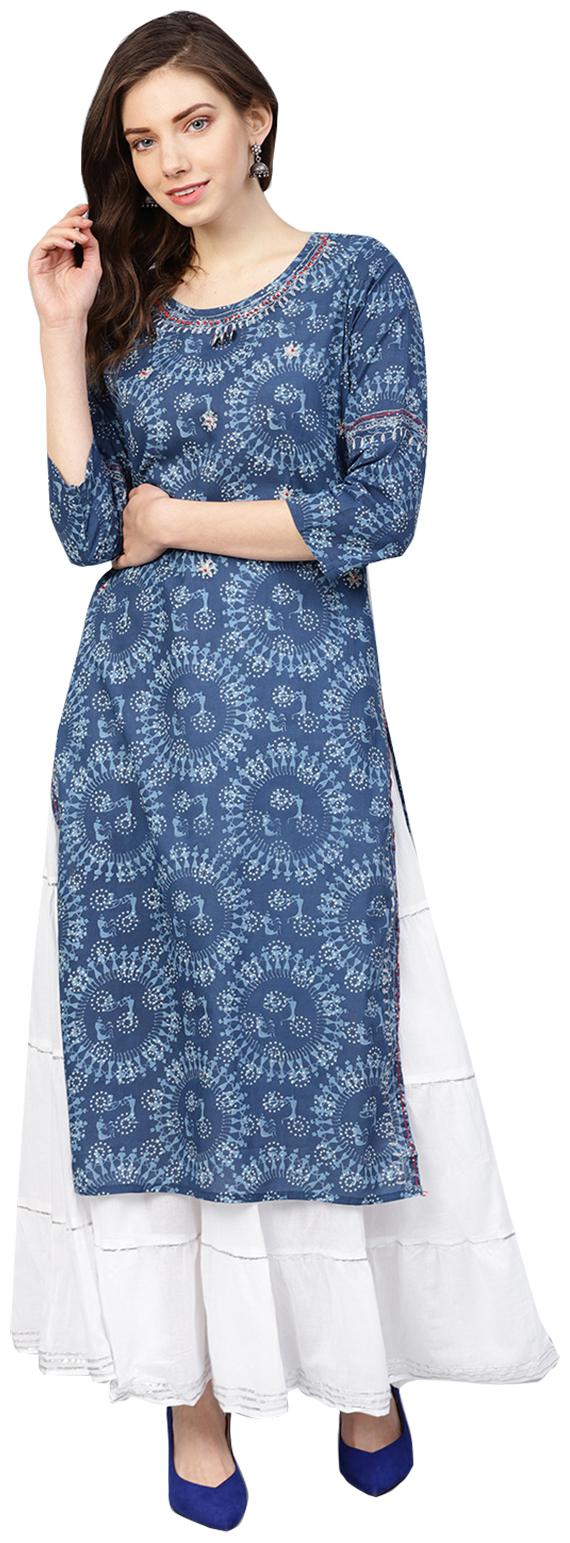 

Ishin Cotton Printed Blue Kurta With Skirt