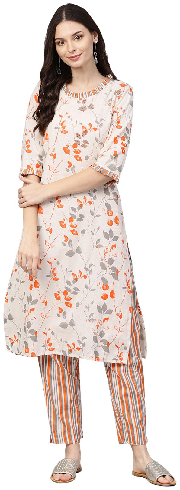 

Ishin Cotton Floral Off White Kurta With Palazzo