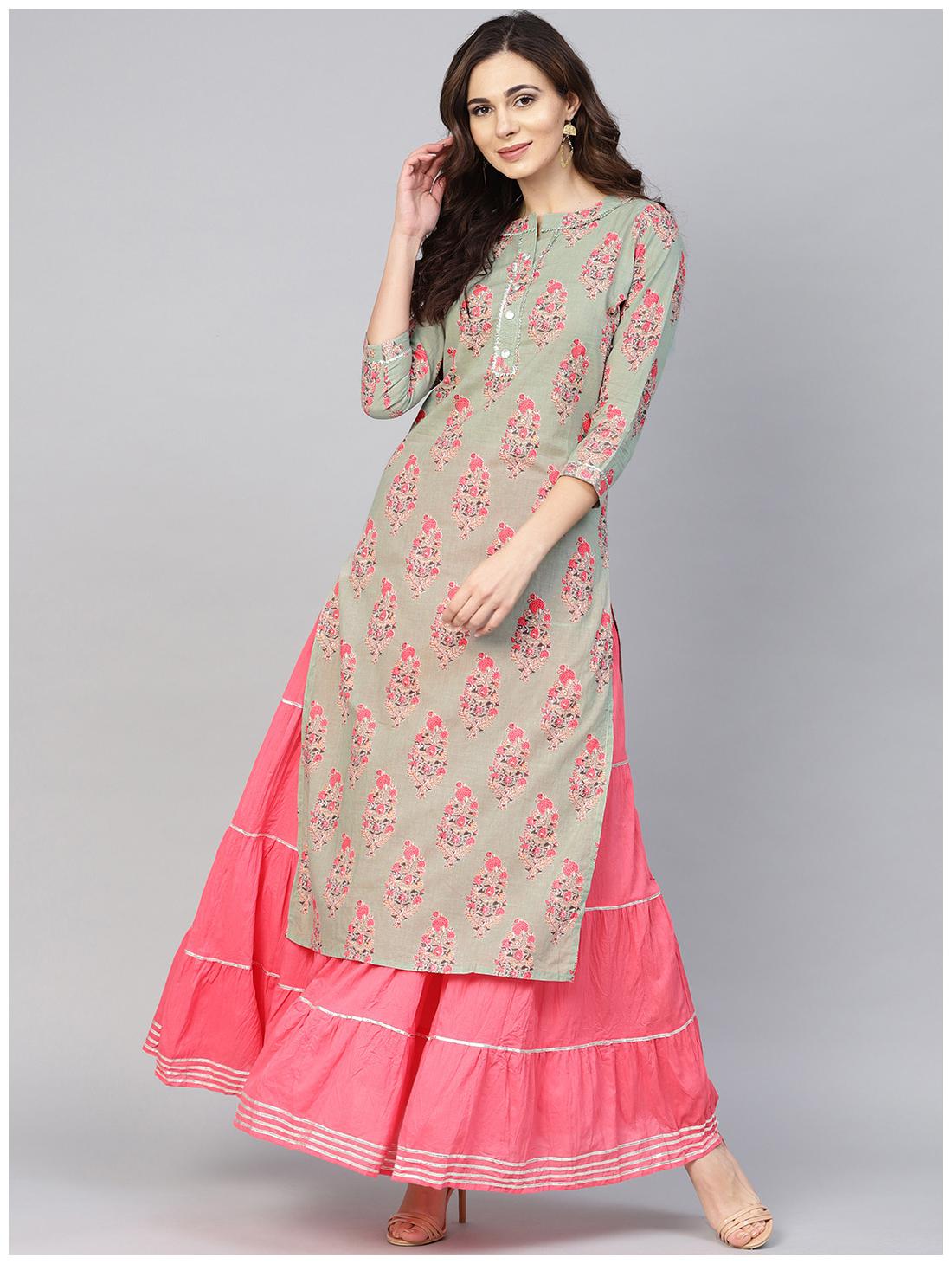 

Ishin Cotton Green Floral Kurta Skirt For Women