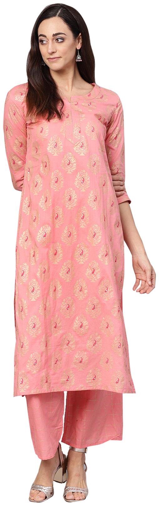 

Ishin Cotton Ethnic Motifs Pink Kurta With Palazzo
