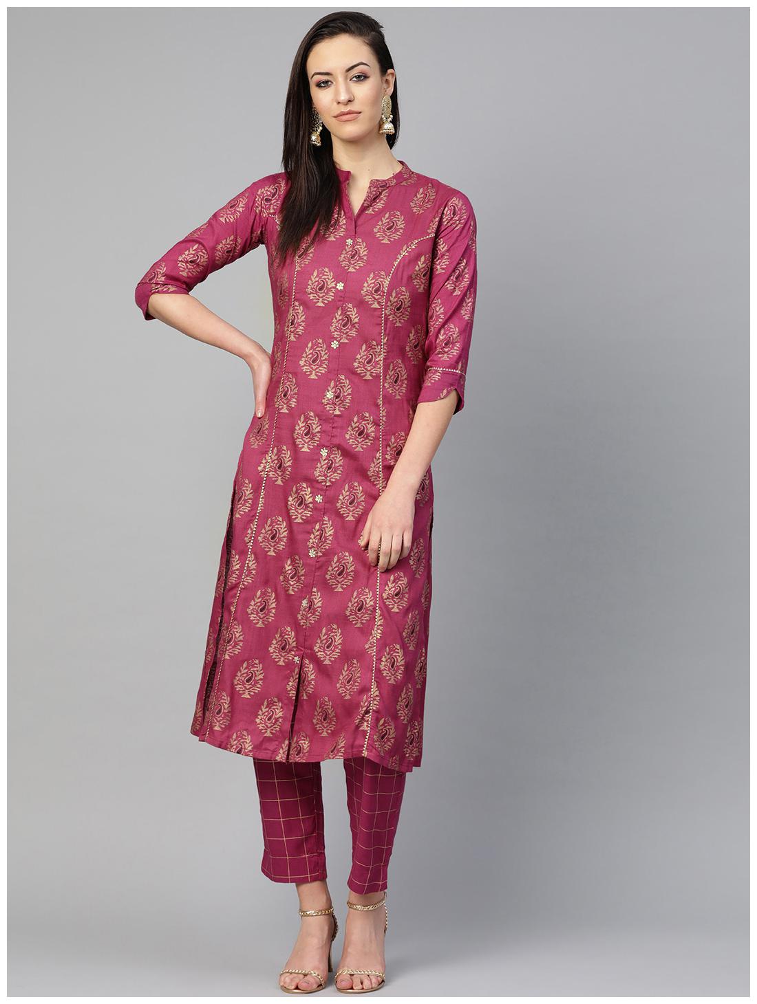 

Ishin Cotton Purple Printed Kurta Trousers For Women