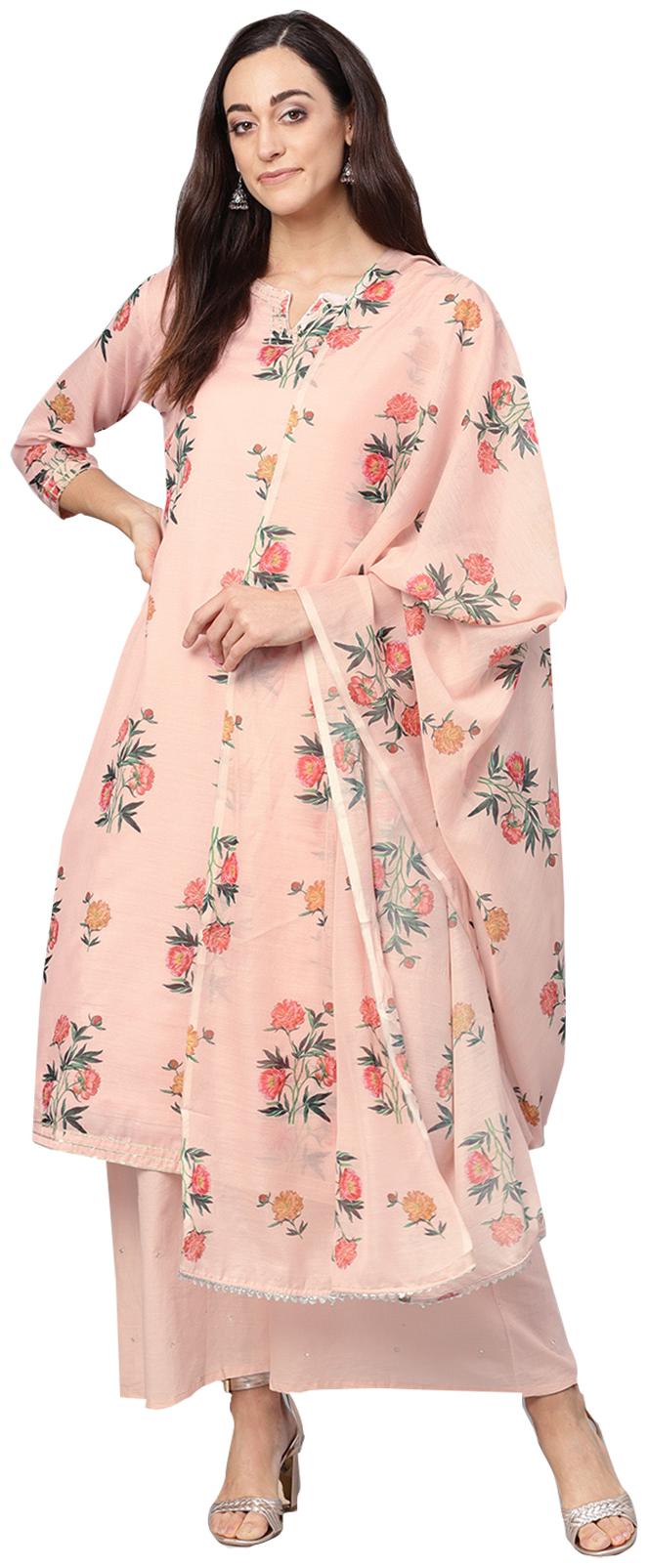 

Ishin Cotton Floral Pink Kurta With Palazzo Dupatta