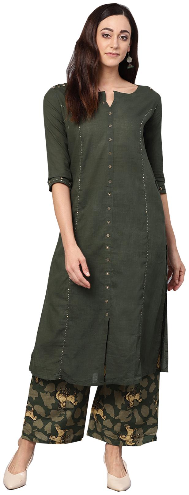 

Ishin Cotton Solid Green Kurta With Palazzo