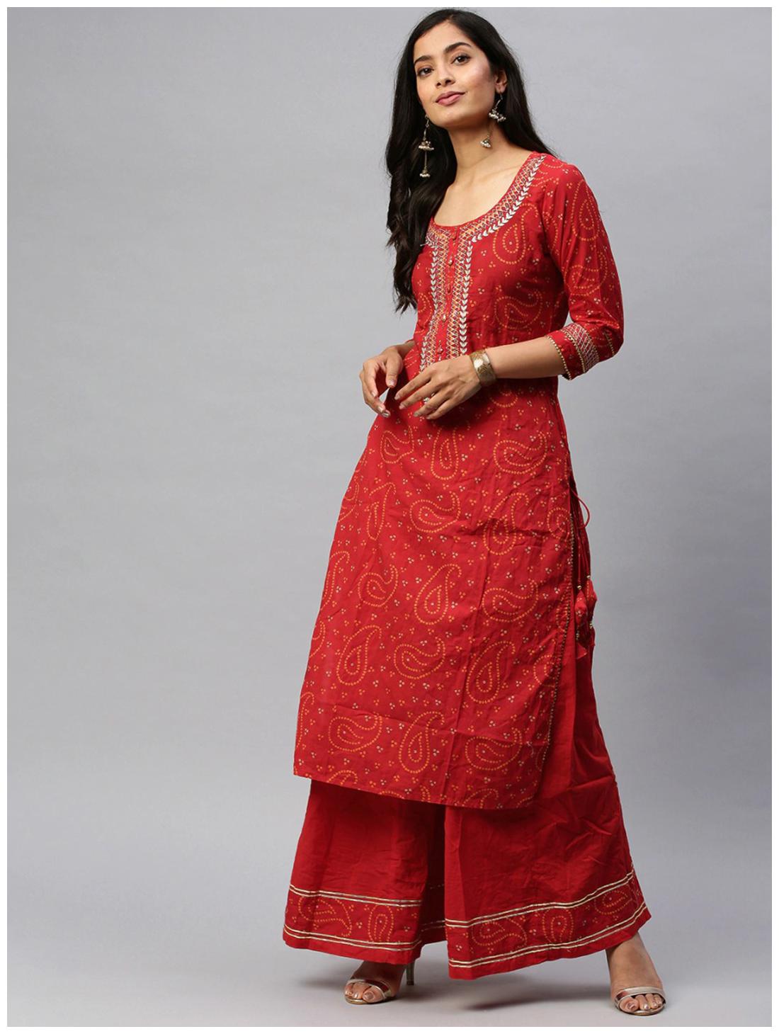 

Ishin Cotton Red Embroidered Kurta Sharara For Women