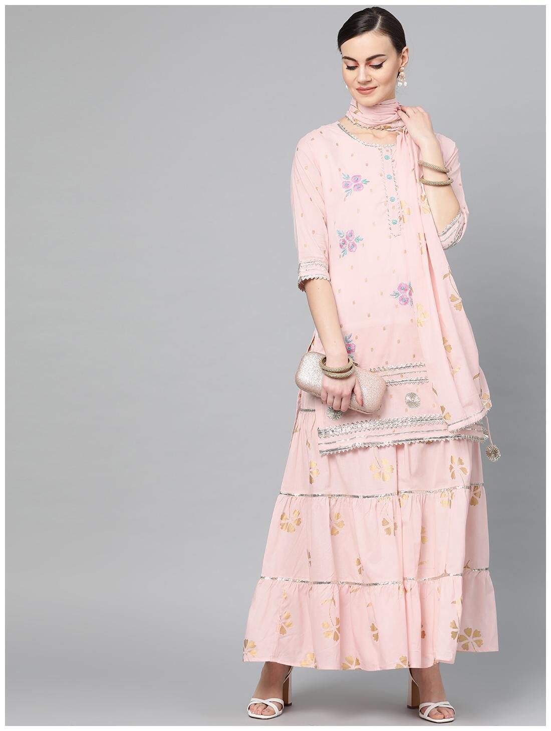 

Ishin Cotton Pink Embroidered Kurta Sharara For Women