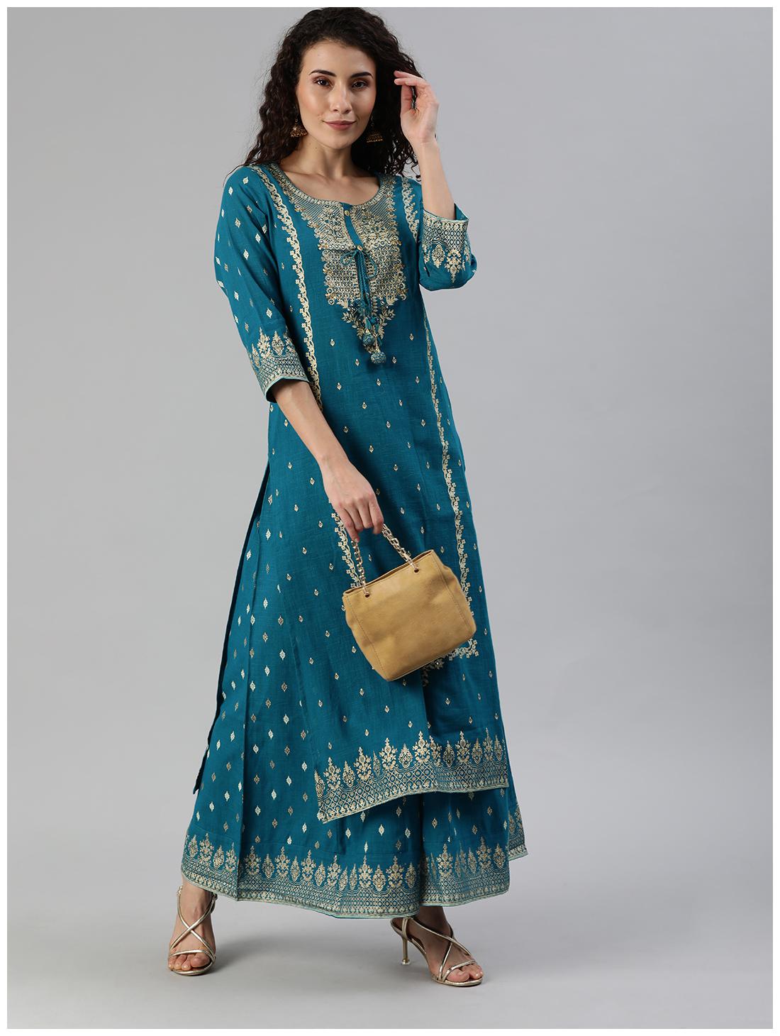 

Ishin Cotton Blue Embellished Kurta Sharara For Women
