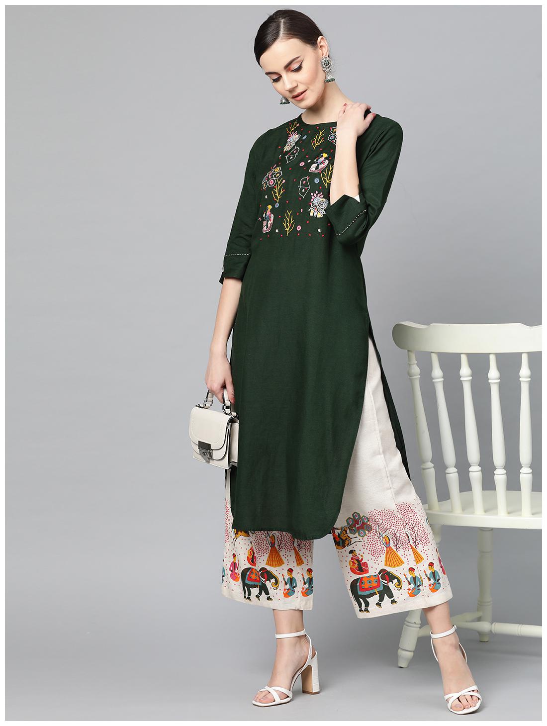 

Ishin Cotton Green Embroidered Kurta Palazzo For Women